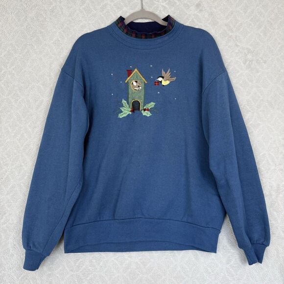 Vtg 90s Crewneck Sweatshirt Womens L Blue Bird Squirrel Winter Holiday Grandma - Picture 1 of 12